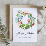 Cartão De Festividades Watercolor Juniper e Holly Wreath Felizes Feriados<br><div class="desc">Feliz Feriados! Envie sua mensagem de feriado para a família e amigos com este cartão festivo de natalidade. Apresenta a coroa aquosa dos bagos de inverno e verde. Personalize este cartão de feriado botânico com seus detalhes. Este cartão de feriado de cor d'água está disponível em outro estoque de cartão....</div>