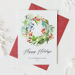 Cartão De Festividades Watercolor Juniper e Holly Wreath Felizes Feriados<br><div class="desc">Feliz Feriados! Envie sua mensagem de feriado para a família e amigos com este cartão festivo de natalidade. Apresenta a coroa aquosa dos bagos de inverno e verde. Personalize este cartão de feriado botânico com seus detalhes. Este cartão de feriado de cor d'água está disponível em outro estoque de cartão....</div>