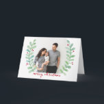 Cartão De Festividades Watercolor Laurel Wreath Feliz Foto de Natal<br><div class="desc">Celebre e espalhe alegria nesta temporada de festas com este cartão dobrado de Natal na moda com louros de aquarela pintados à mão. Personalize com sua foto favorita na frente e atrás e seu próprio sentimento personalizado no dentro.</div>