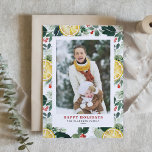 Cartão De Festividades Watercolor Lemon e Winter Greenery Foto<br><div class="desc">Espalhe a alegria de férias com nosso cartão de feriado fotográfico personalizável, com um padrão festivo de aquarelas, Holly e verde de inverno. Este design festivo adiciona uma reviravolta nova e vibrante aos seus cartões de natal e é perfeito para enviar mensagens personalizadas a amigos e familiares. Personalize facilmente este...</div>