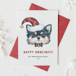 Cartão De Festividades Watercolor Long Haired Chihuahua Happy Howlidays<br><div class="desc">Feliz Howlidays! Envie seus desejos de feriado para a família e amigos com este cartão de feriado personalizável. Ele apresenta um chihuahua de cabelos longos vestindo um chapéu de Papai Noel. Personalize este cartão de feriado chihuahua adicionando seus detalhes. Este cartão de Natal para cães está disponível em outros estoques...</div>