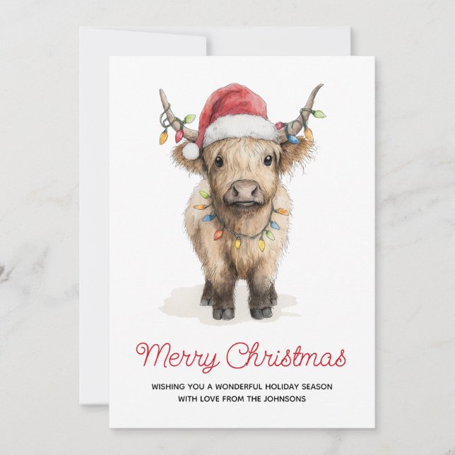 Cartão De Festividades Watercolor Merry Christmas Cute Highland Cow (Frente)