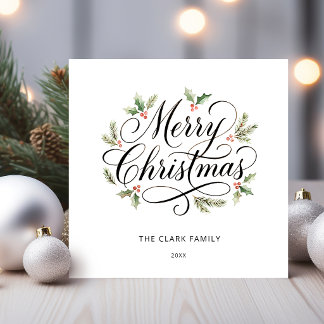 Cartão De Festividades Watercolor Merry Christmas Script Botanical