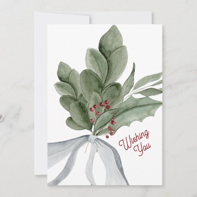 Cartão De Festividades Watercolor Mistletoe Greenery Personalizado (Frente)