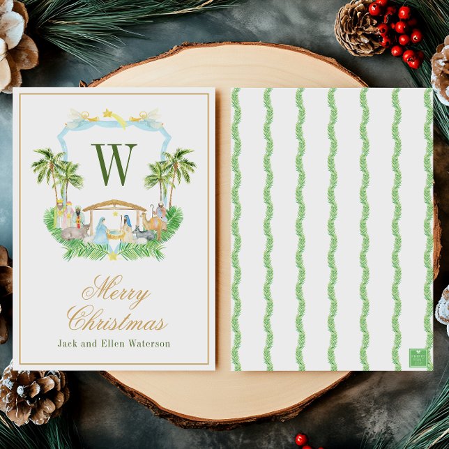 Cartão De Festividades Watercolor Monogram Initial Nativity Crest (Criador carregado)
