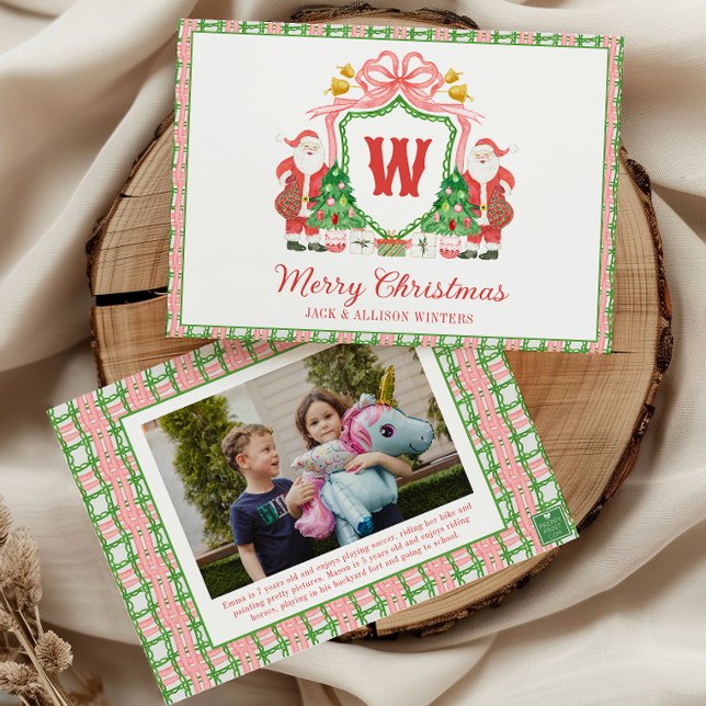 Cartão De Festividades Watercolor Monogram Initial Santa Crest Photo (Criador carregado)