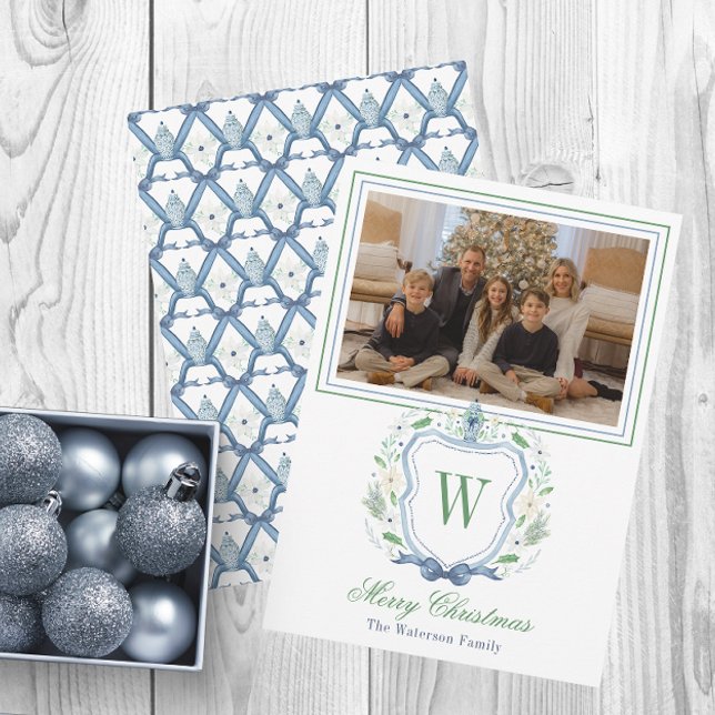 Cartão De Festividades Watercolor Monograma Chinoiserie Jar Crest Foto (Criador carregado)