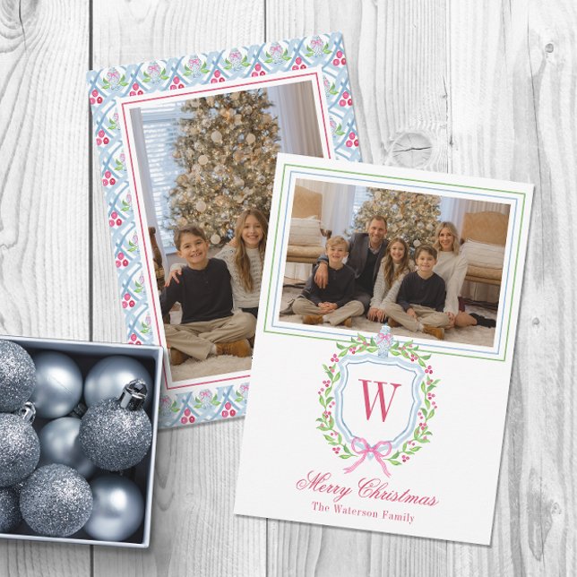 Cartão De Festividades Watercolor Monograma Chinoiserie Jar Crest Foto (Criador carregado)