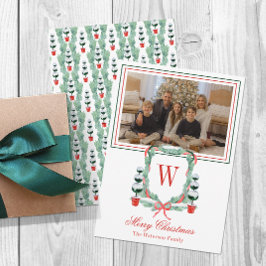 Cartão De Festividades Watercolor Monograma Topiary Crest Foto