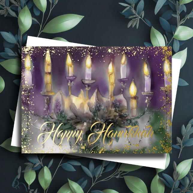 Cartão De Festividades Watercolor Painting Menorah Happy Hanukkah (Criador carregado)