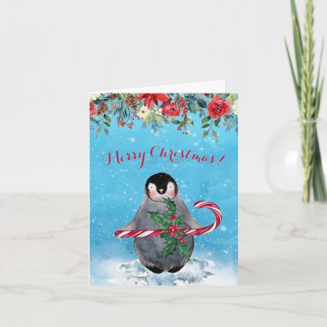 Cartão De Festividades Watercolor Penguin Felry Christmas (Frente)
