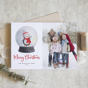 Cartão De Festividades Watercolor Penguin Snowglobe Foto Feliz Natal