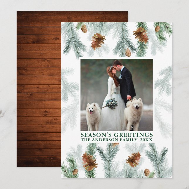 Cartão De Festividades Watercolor Pine Greenery Wood Season's Saudações (Frente/Verso)