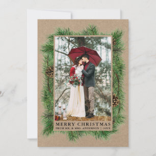 Cartão De Festividades Watercolor Pine Wedding Photo Kraft