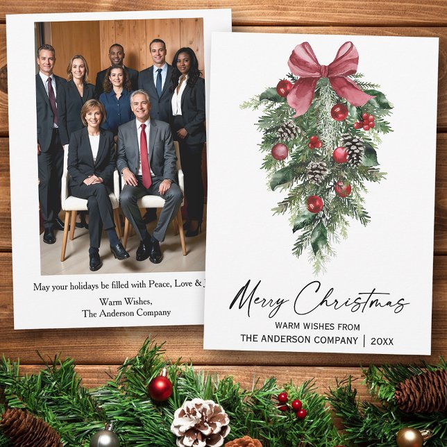 Cartão De Festividades Watercolor Pines Company Photo Back Christmas (Customize to change your personalized text size or text style.)