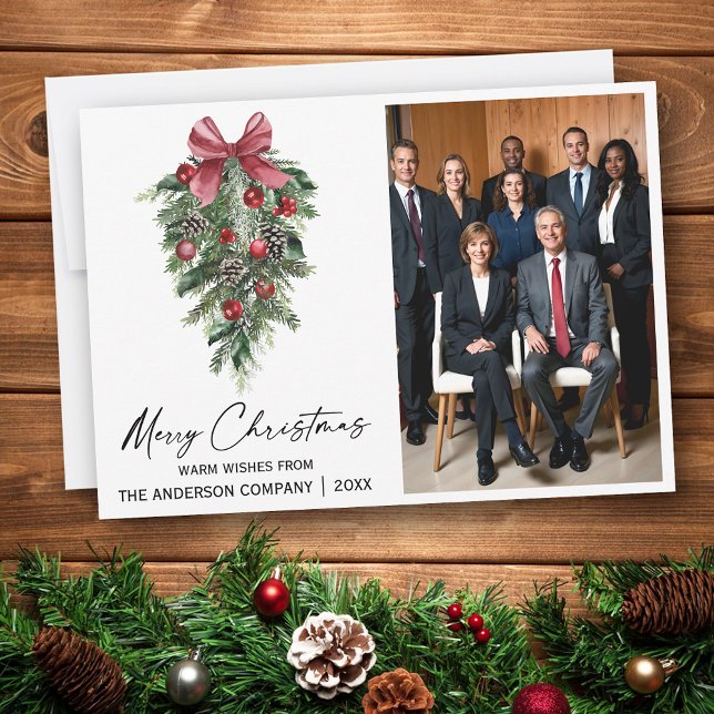 Cartão De Festividades Watercolor Pines Company Photo Merry Christmas (Customize to change your personalized text size or text style.)
