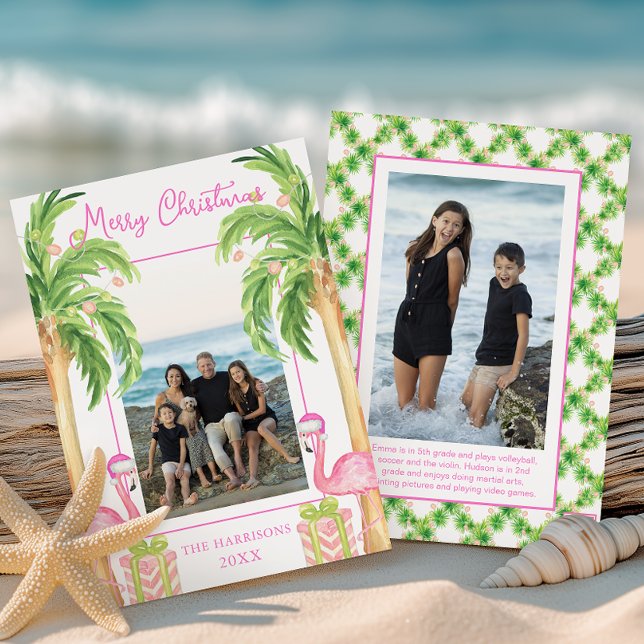 Cartão De Festividades Watercolor Pink Flamingo Beach Christmas Photo (Criador carregado)