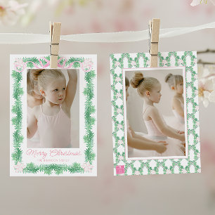 Cartão De Festividades Watercolor Pink & Green Christmas Garland Photo