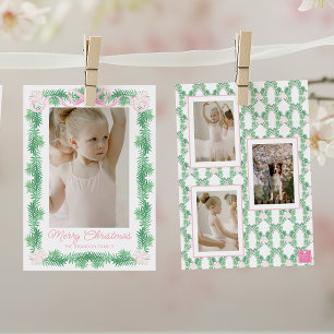Cartão De Festividades Watercolor Pink & Green Christmas Garland Photo