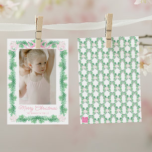 Cartão De Festividades Watercolor Pink & Green Christmas Garland Photo