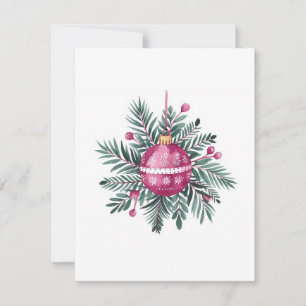 Cartão De Festividades Watercolor Pink Greenery Bauble Natal