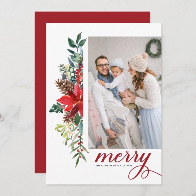 Cartão De Festividades Watercolor Poinsettia Botânica Feliz Natal (Frente/Verso)