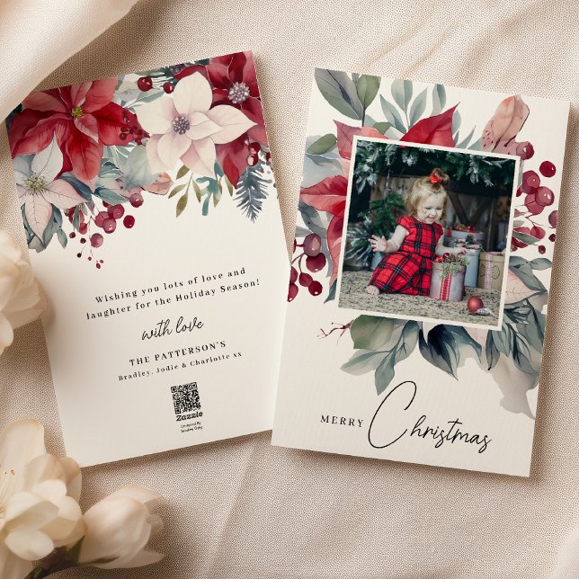 Cartão De Festividades Watercolor Poinsettia Feliz Foto De Natal (Criador carregado)