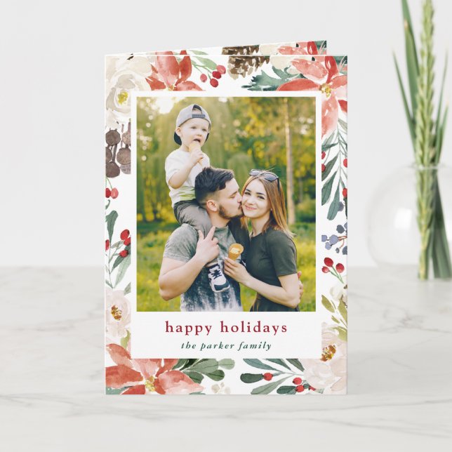 Cartão De Festividades Watercolor Poinsettia Foto Floral Natal (Frente)