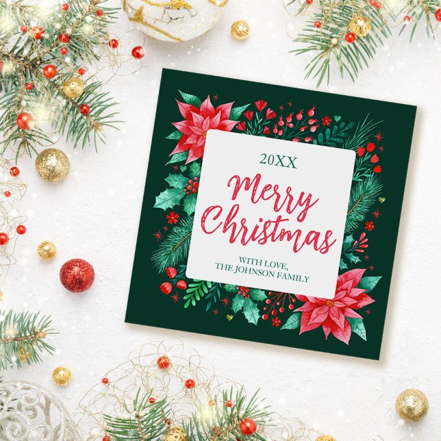 Cartão De Festividades Watercolor Poinsettia, Holly e Pine Natal (Watercolor Poinsettia, Holly and Pine Christmas Holiday Card)