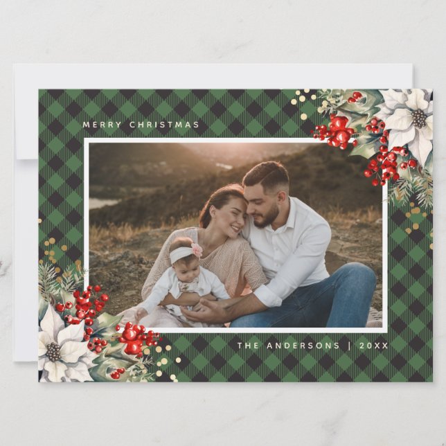 Cartão De Festividades Watercolor Poinsettia Holly Green Photo Christmas (Frente)