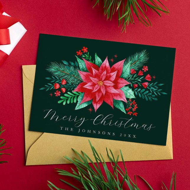 Cartão De Festividades Watercolor Poinsettia Natal Tradicional Floral (Watercolor Poinsettia Traditional Christmas Flower Holiday Card)