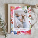 Cartão De Festividades Watercolor Poinsettias | Foto de Feriado Floral<br><div class="desc">Mande alegria de férias para seus entes queridos com este cartão de feriado caprichoso. Este cartão com fotos apresenta poinsettias aquáticas,  colas e outras flores e folhagem de férias.</div>