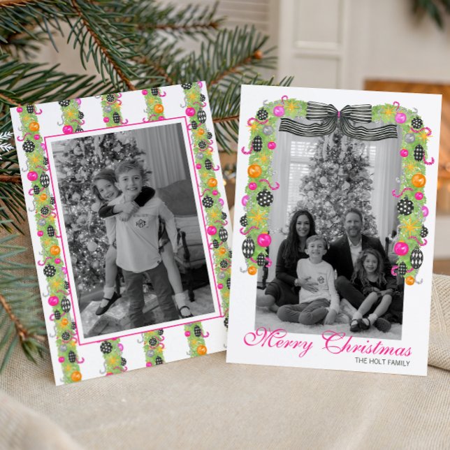 Cartão De Festividades Watercolor Preppy Bright Christmas Garland Photo (Criador carregado)