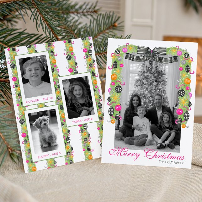 Cartão De Festividades Watercolor Preppy Bright Christmas Garland Photo (Criador carregado)