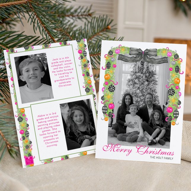 Cartão De Festividades Watercolor Preppy Bright Christmas Garland Photo (Criador carregado)