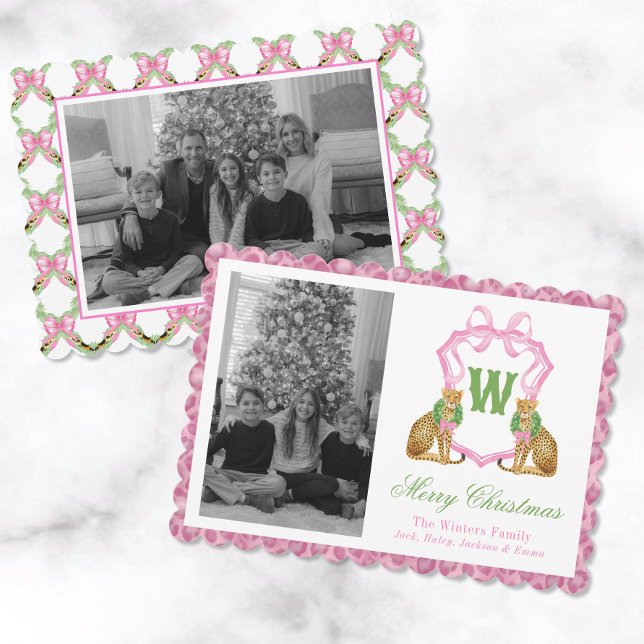 Cartão De Festividades Watercolor Preppy Leopard Monogram Crest Photo (Criador carregado)