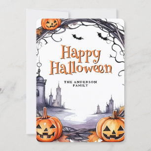 Cartão De Festividades Watercolor Pumpkins Bats Happy Halloween