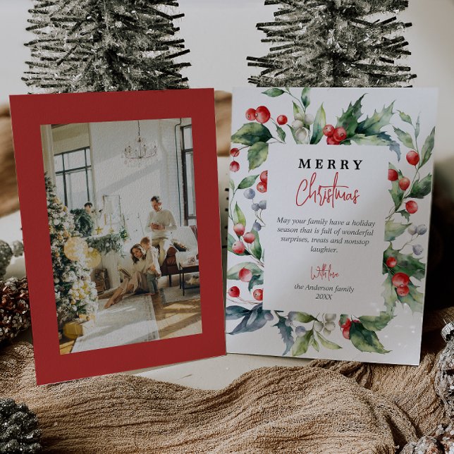 Cartão De Festividades Watercolor Red Berries Foto de Natal (Criador carregado)