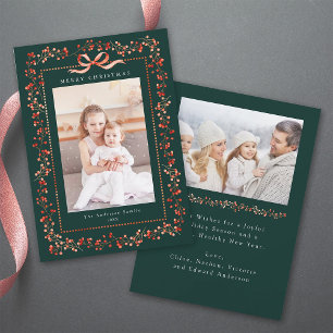 Cartão De Festividades Watercolor Red Berry Frame 2 Foto Natal Verde