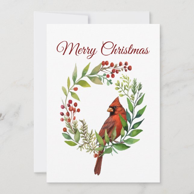 Cartão De Festividades Watercolor Red Cardinal Bird Wreath Christmas (Frente)
