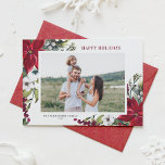 Cartão De Festividades Watercolor Red Poinsettias e Fir Deixa Foto<br><div class="desc">Feliz Férias! Envie desejos de férias e saudações à família e aos amigos com este cartão com fotos de feriado personalizável de cor d'água. Apresenta pineges de aquarela, agulhas de pinheiros, colas, bagas e poinsetos vermelhos. Personalize adicionando nomes, mensagens, fotos e outros detalhes. Este cartão de feriado floral está disponível...</div>
