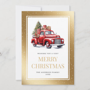 Cartão De Festividades Watercolor Red Truck Dourado Natal
