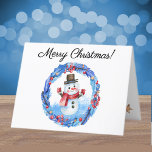 Cartão De Festividades Watercolor Retro Snowman Wreath Feliz Natal<br><div class="desc">Um cartão alegre e divertido de inverno de Feliz Natal, com um retrô boneco de neve enquadrado dentro a morangos vermelhos, estrelas douradas e folhas azuis cortadas por terra. Altere facilmente o texto do script na moda na frente, dentro e de volta para torná-lo seu usando o Modelo. Envelope branco...</div>