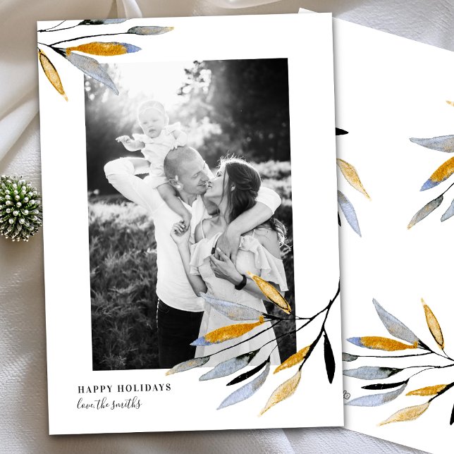 Cartão De Festividades Watercolor Rustic Christmas Leaft Photo (Criador carregado)