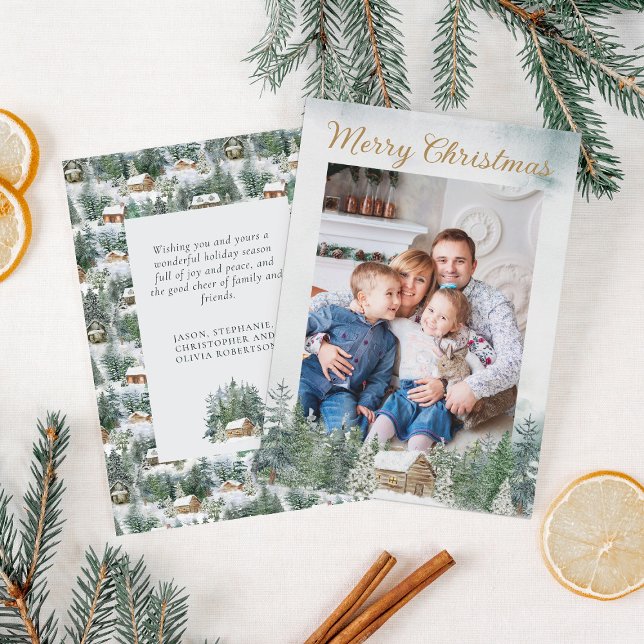 Cartão De Festividades Watercolor Rustic Woodland Christmas Cabin Photo (Criador carregado)