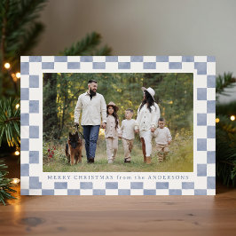 Cartão De Festividades Watercolor Slate Blue Gingham Foto de Natal