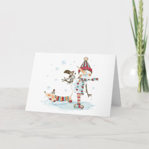 Cartão De Festividades Watercolor Snowman e Dachshund 
