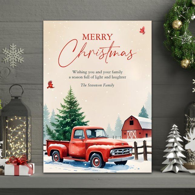 Cartão De Festividades Watercolor Snowy Farm & Barn Merry Christmas (Rustic Merry Christmas Card – Red Vintage Truck at Snowy Barn )