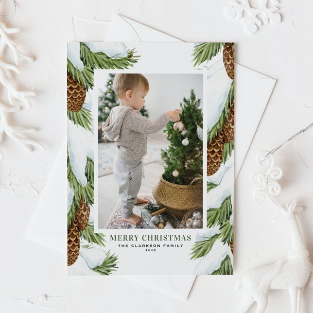 Cartão De Festividades Watercolor Snowy Pinecones Foto de Natal (Customizable photo Christmas card featuring snowy watercolor balsam fir cones)