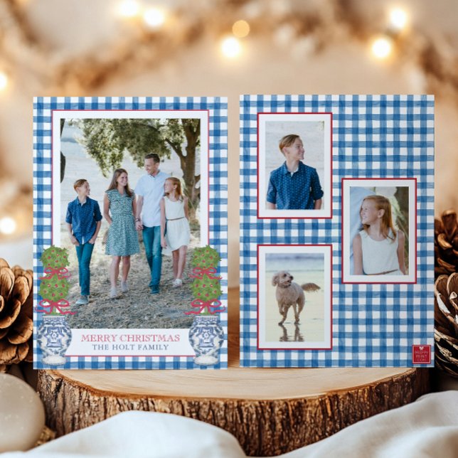 Cartão De Festividades Watercolor, Topiary Gingham Foto (Criador carregado)